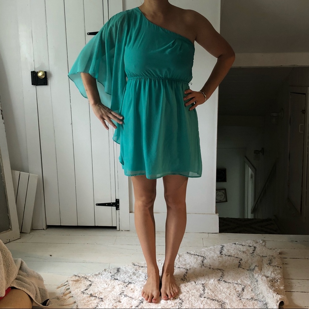 Teal one shoulder flutter sleeve